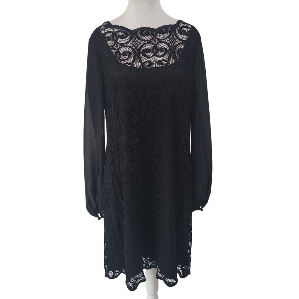 Adrianna Papell Size 16 Black Lace Overlay Sheer Sleeve‎ Cocktail Dress